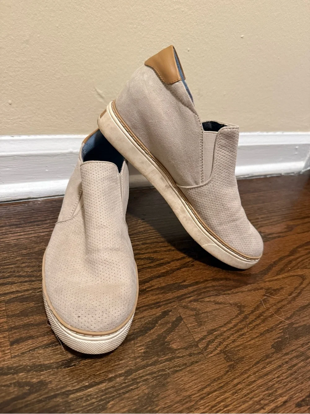 Dr. Scholl's Gray Slip-On Hidden Wedge Sneakers with Tan Heel Accent
